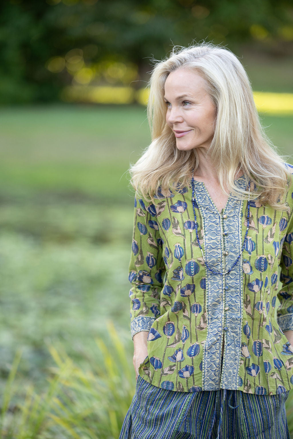 Womens, Mandalay blouse, 7/8 sleeve, 100% cotton, hand block print, in Sepia & Green, Verde Sol