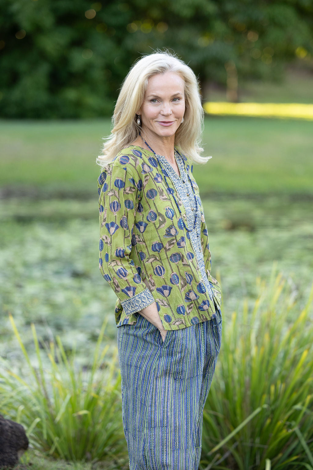 Womens, Mandalay blouse, 7/8 sleeve, 100% cotton, hand block print, in Sepia & Green, Verde Sol