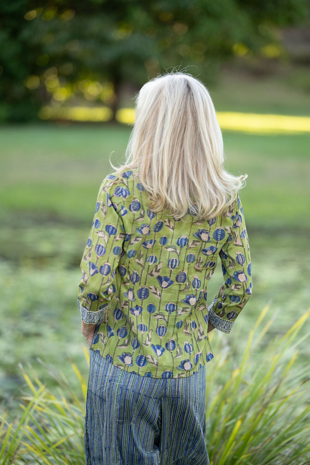 Womens, Mandalay blouse, 7/8 sleeve, 100% cotton, hand block print, in Sepia & Green, Verde Sol