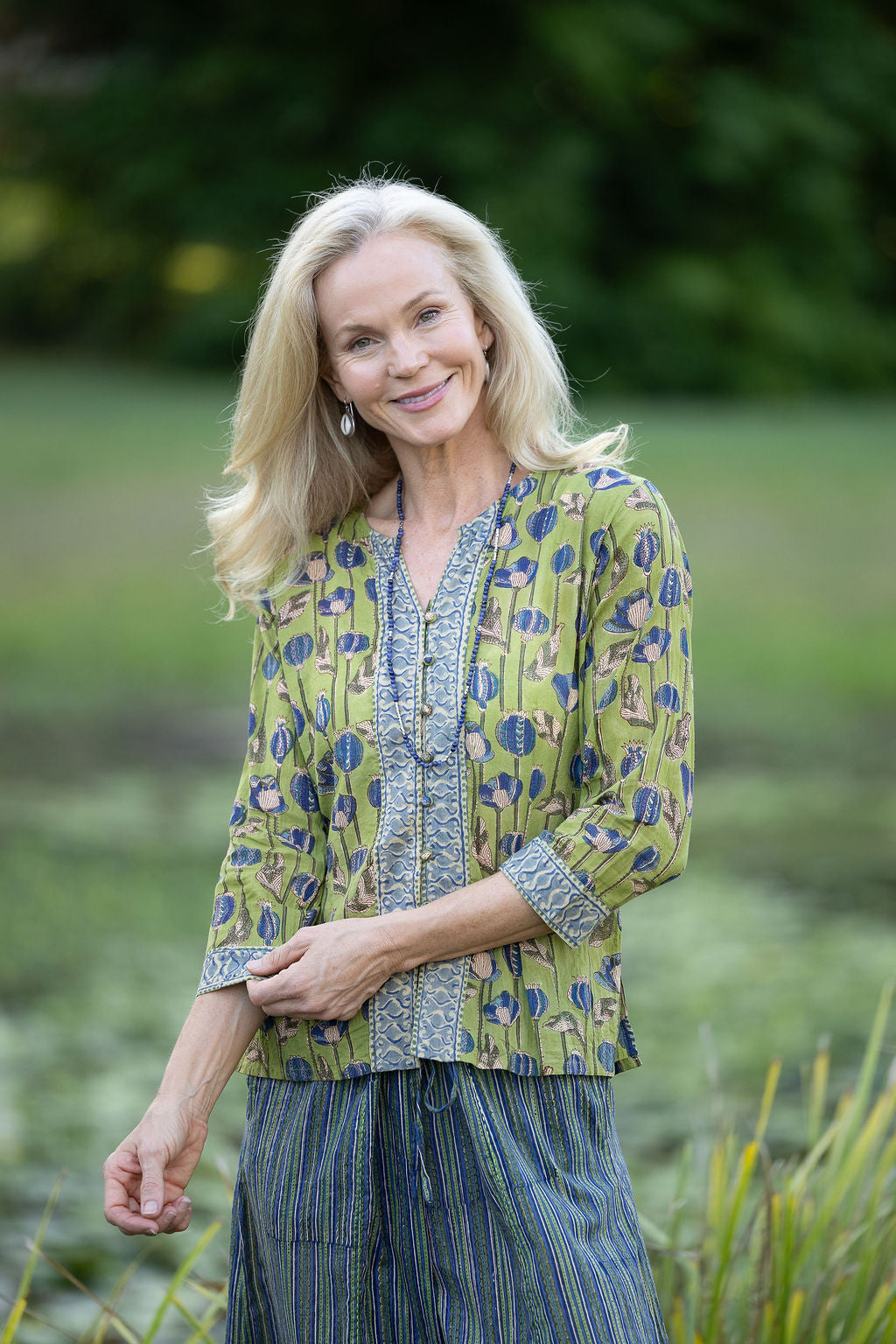 Womens, Mandalay blouse, 7/8 sleeve, 100% cotton, hand block print, in Sepia & Green, Verde Sol