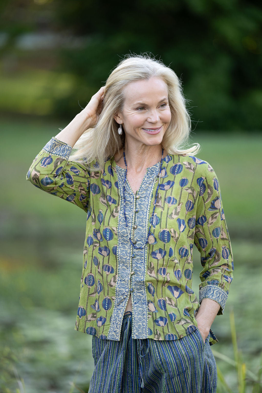Womens, Mandalay blouse, 7/8 sleeve, 100% cotton, hand block print, in Sepia & Green, Verde Sol