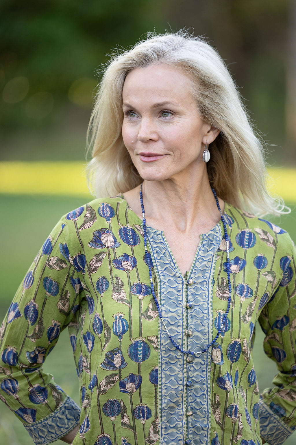 Womens, Mandalay blouse, 7/8 sleeve, 100% cotton, hand block print, in Sepia & Green, Verde Sol