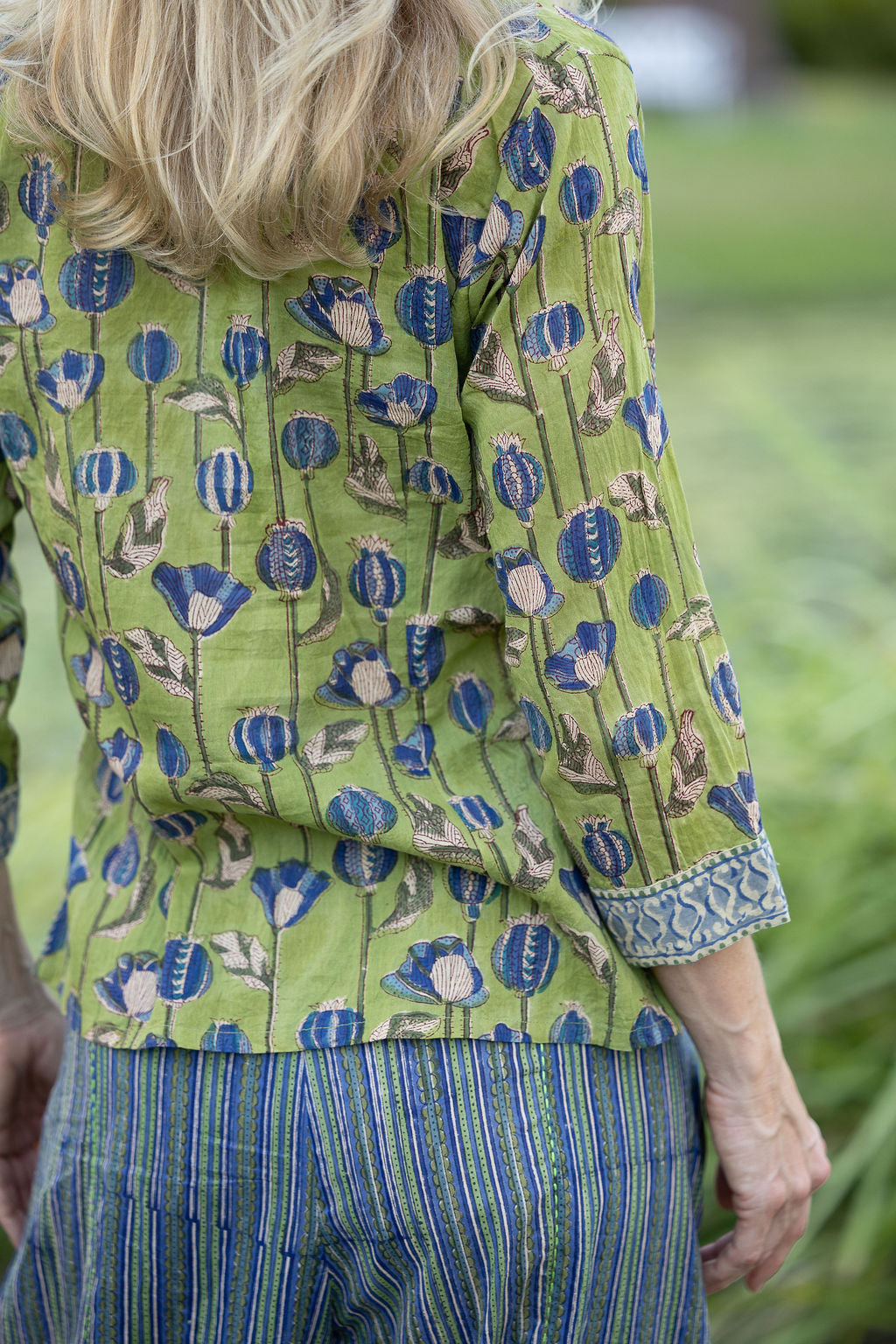 Womens, Mandalay blouse, 7/8 sleeve, 100% cotton, hand block print, in Sepia & Green, Verde Sol