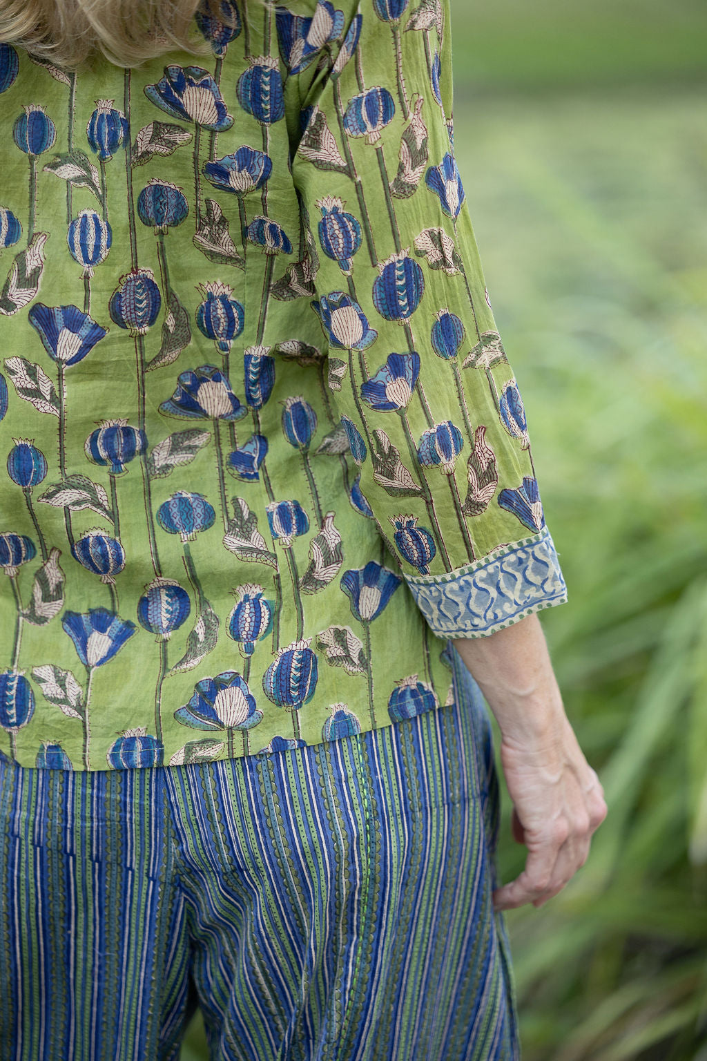 Womens, Mandalay blouse, 7/8 sleeve, 100% cotton, hand block print, in Sepia & Green, Verde Sol