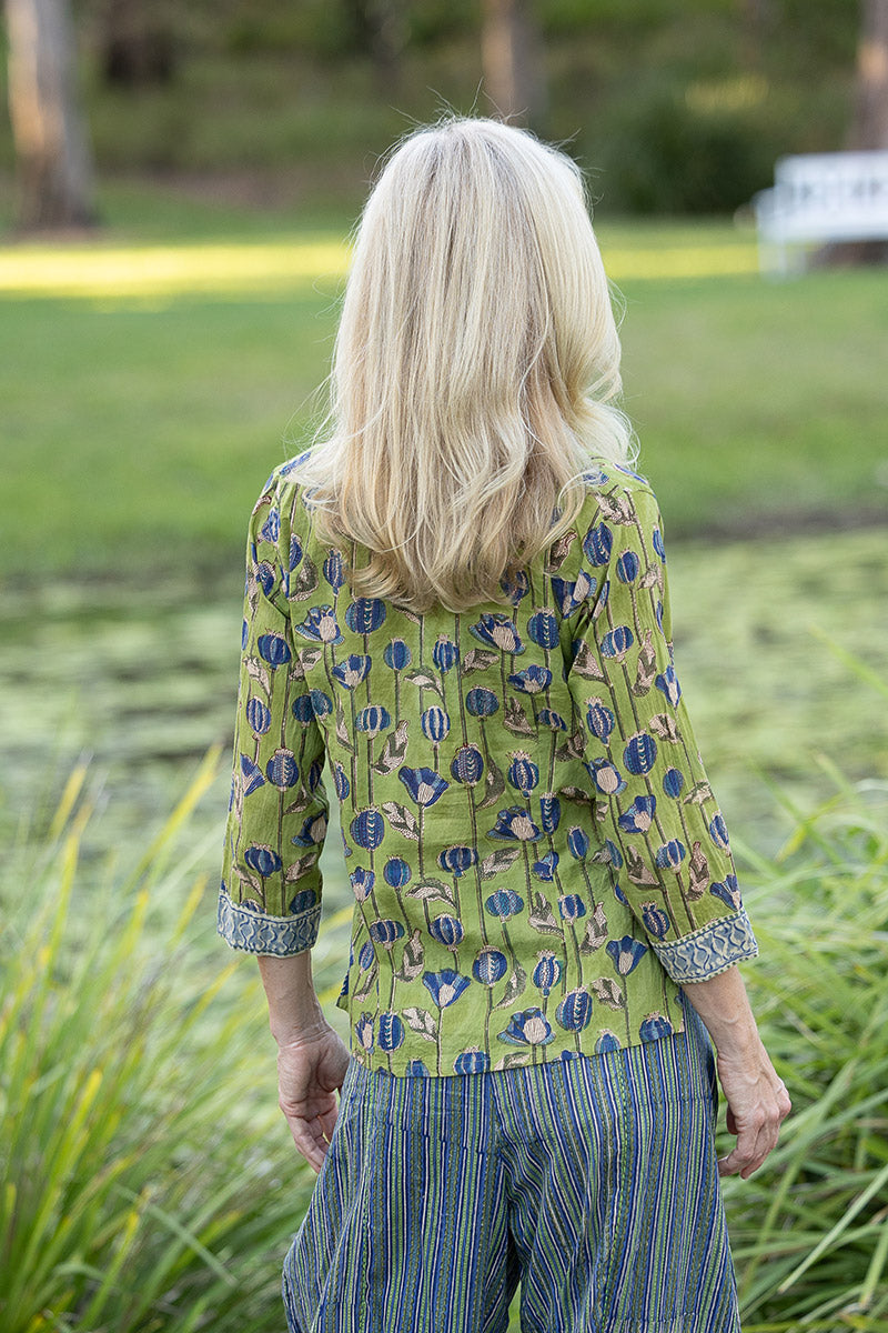Womens, Mandalay blouse, 7/8 sleeve, 100% cotton, hand block print, in Sepia & Green, Verde Sol