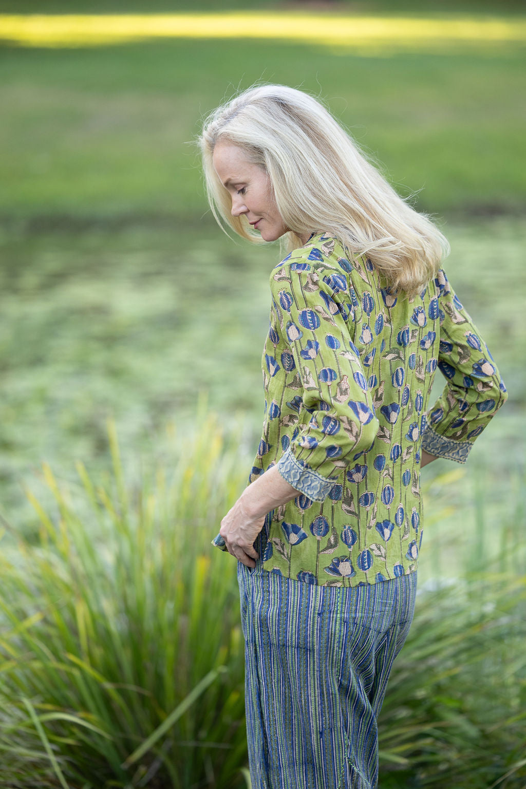 Womens, Mandalay blouse, 7/8 sleeve, 100% cotton, hand block print, in Sepia & Green, Verde Sol