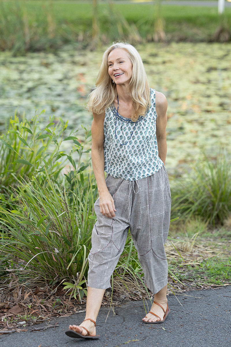Womens Pants & Top, 100% Cotton, Hand Block Print, Summer. Sol Pants in Natural Kassis Check, Vayana top in Rhapsody.