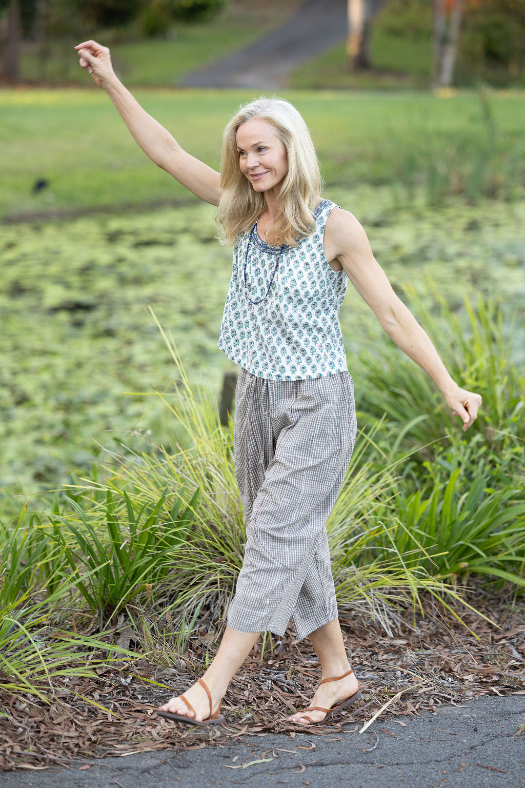 Womens Pants & Top, 100% Cotton, Hand Block Print, Summer. Sol Pants in Natural Kassis Check, Vayana top in Rhapsody.