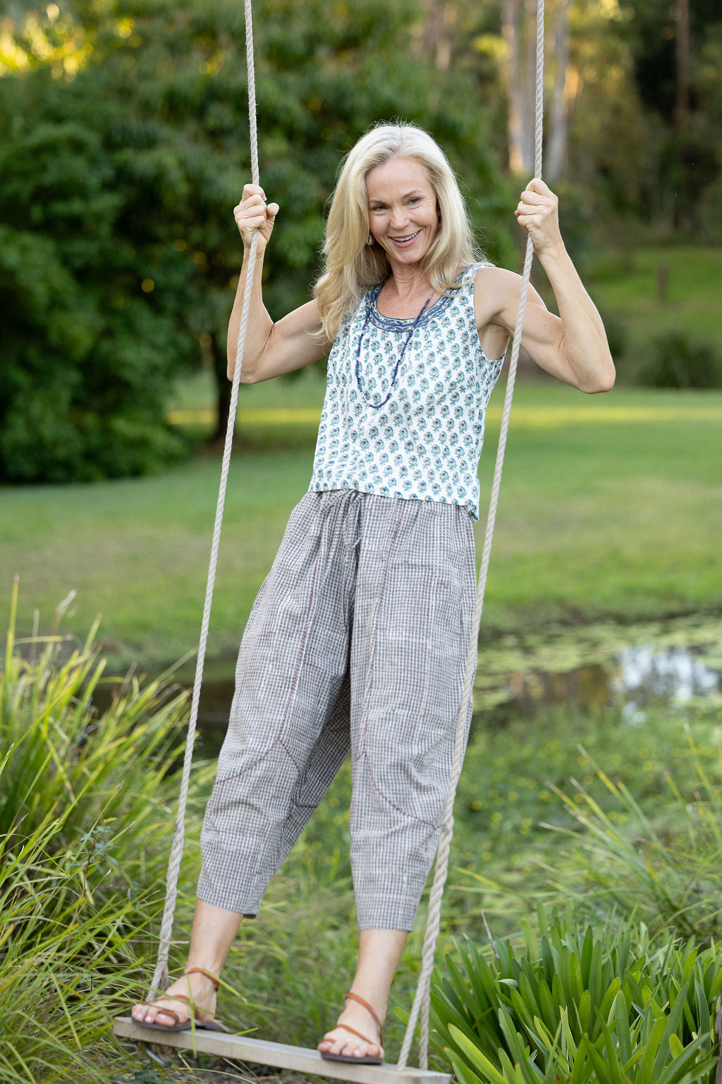 Womens Pants & Top, 100% Cotton, Hand Block Print, Summer. Sol Pants in Natural Kassis Check, Vayana top in Rhapsody.