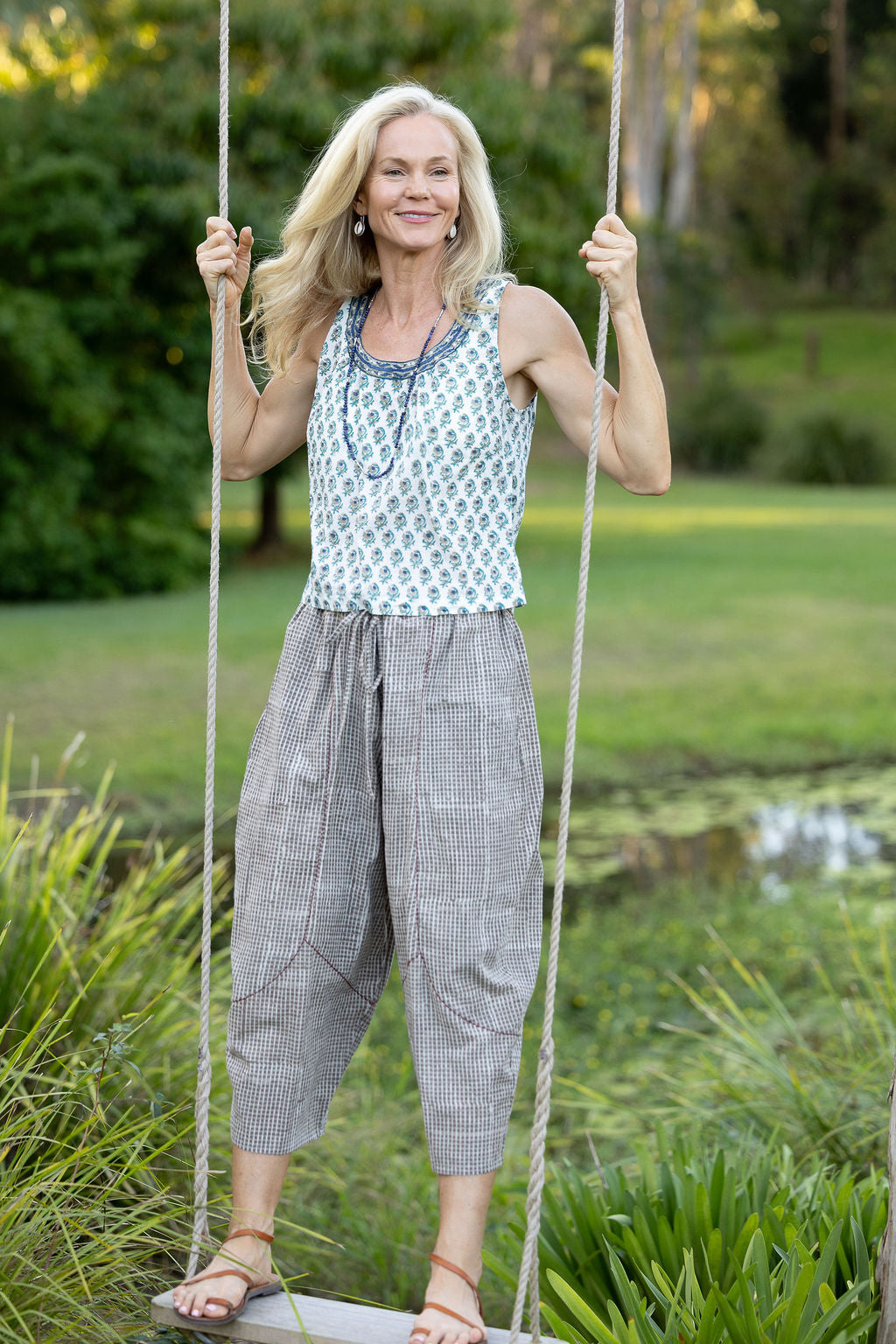 Womens Pants & Top, 100% Cotton, Hand Block Print, Summer. Sol Pants in Natural Kassis Check, Vayana top in Rhapsody.