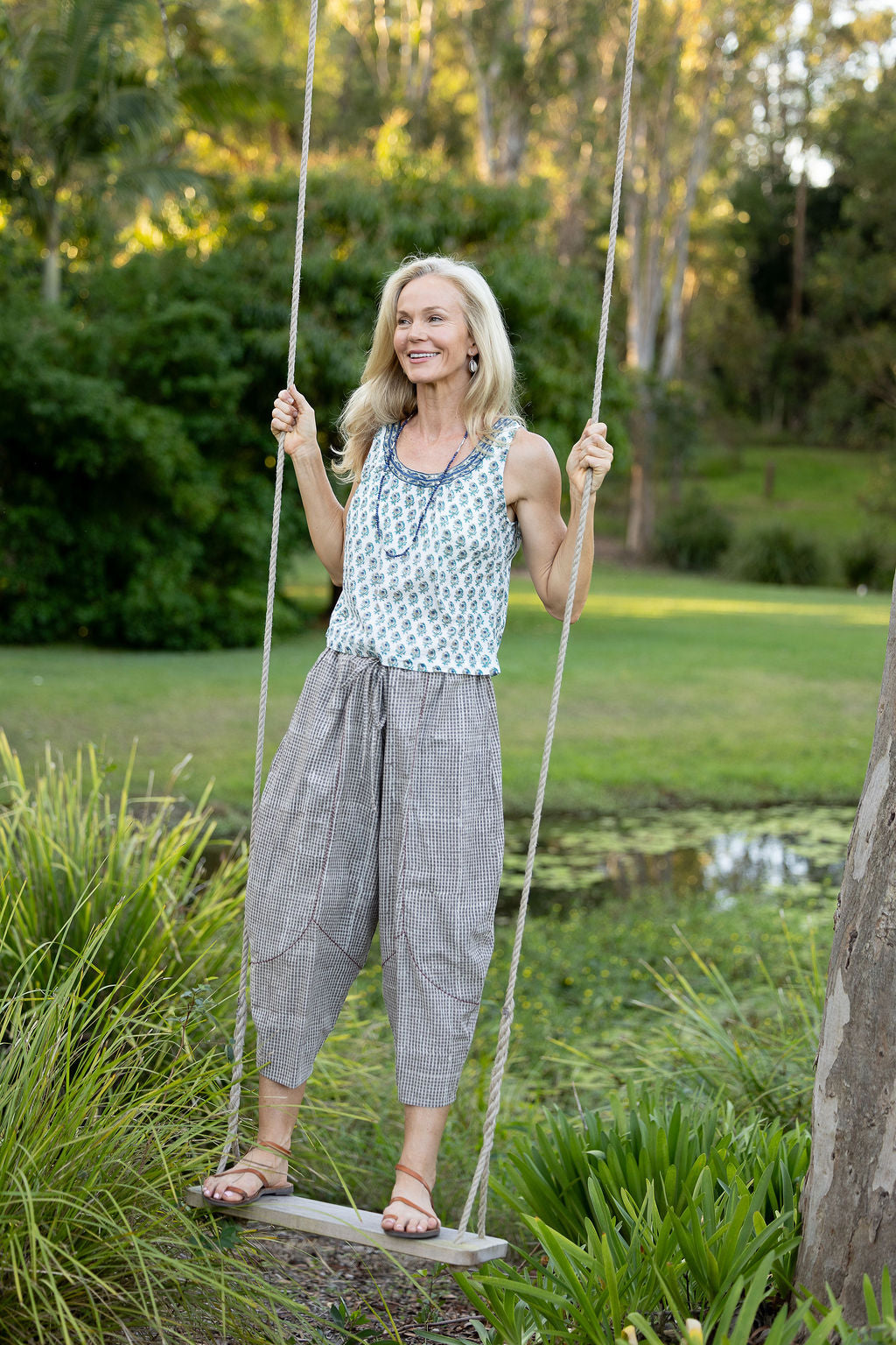 Womens Pants & Top, 100% Cotton, Hand Block Print, Summer. Sol Pants in Natural Kassis Check, Vayana top in Rhapsody.