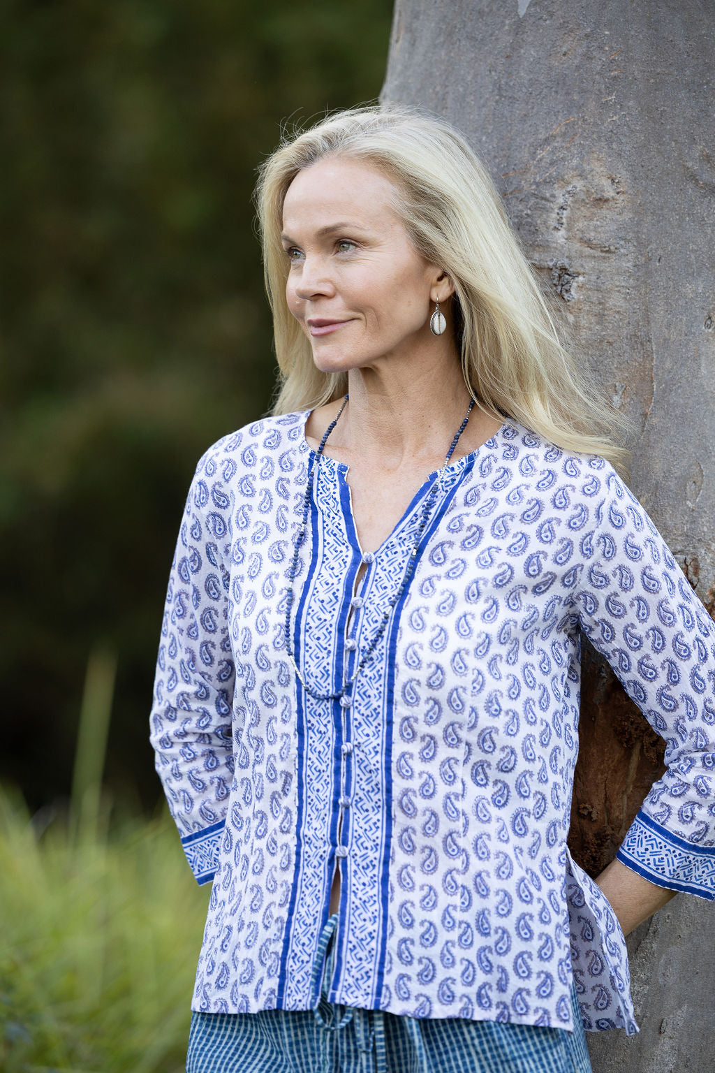 Womens, Mandalay blouse, 7/8 sleeve, 100% cotton, hand block print. In Summer Blue & White - Lemira.