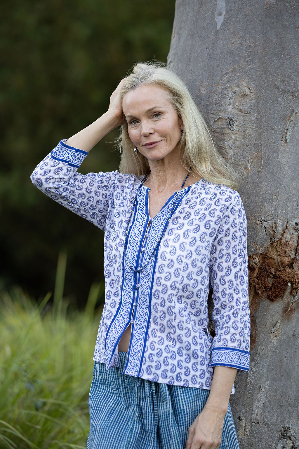 Womens, Mandalay blouse, 7/8 sleeve, 100% cotton, hand block print. In Summer Blue & White - Lemira.