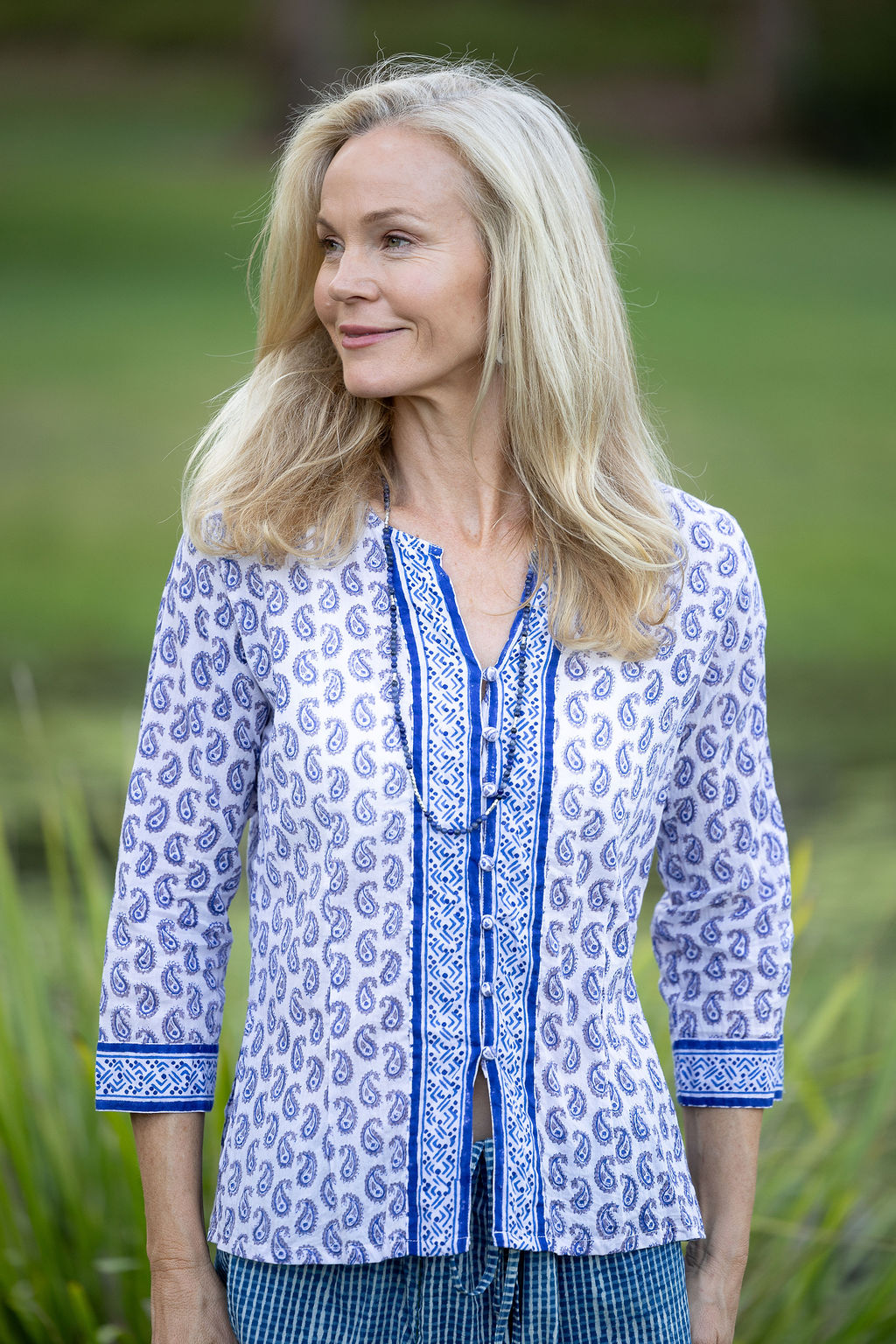 Womens, Mandalay blouse, 7/8 sleeve, 100% cotton, hand block print. In Summer Blue & White - Lemira.