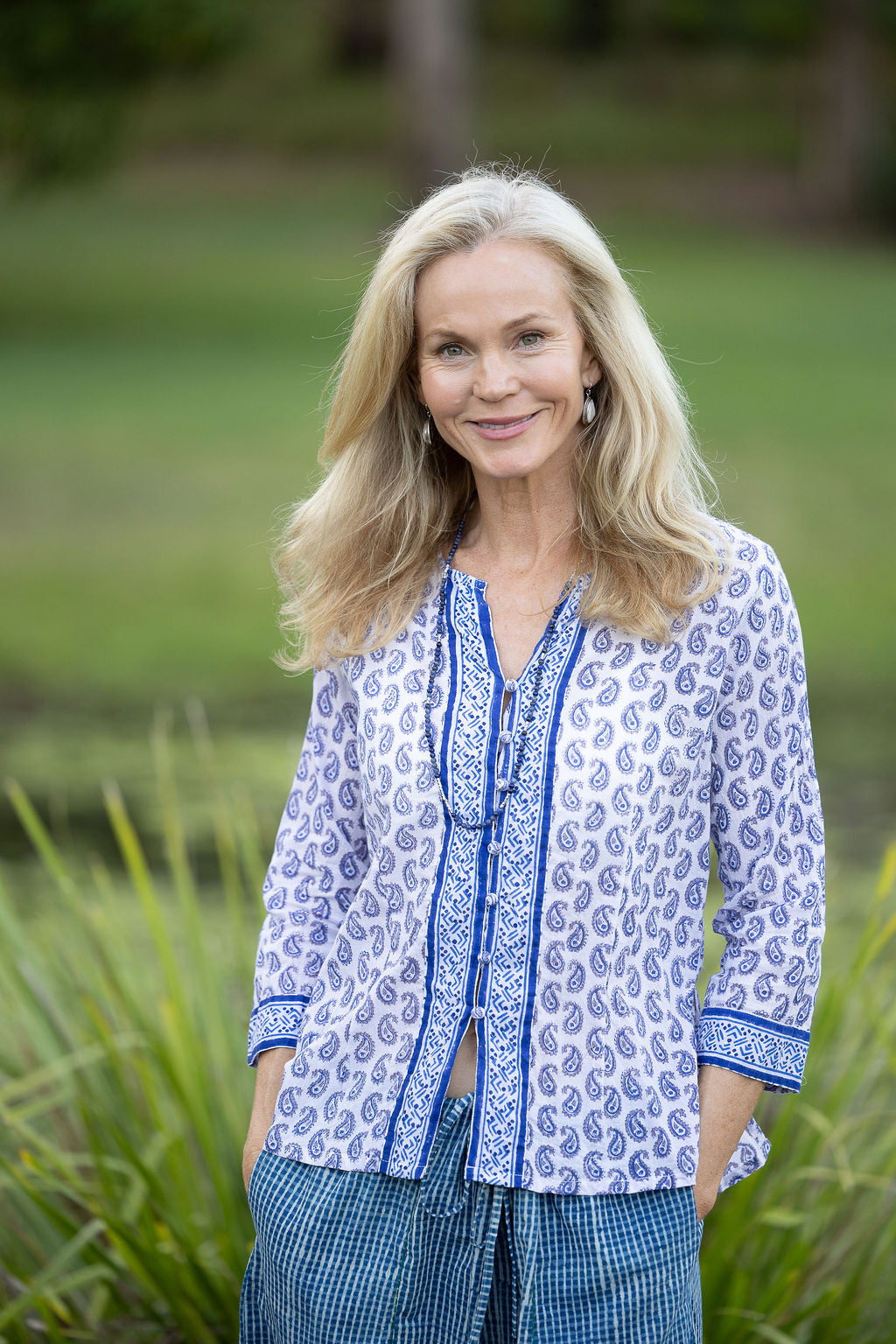Womens, Mandalay blouse, 7/8 sleeve, 100% cotton, hand block print. In Summer Blue & White - Lemira.