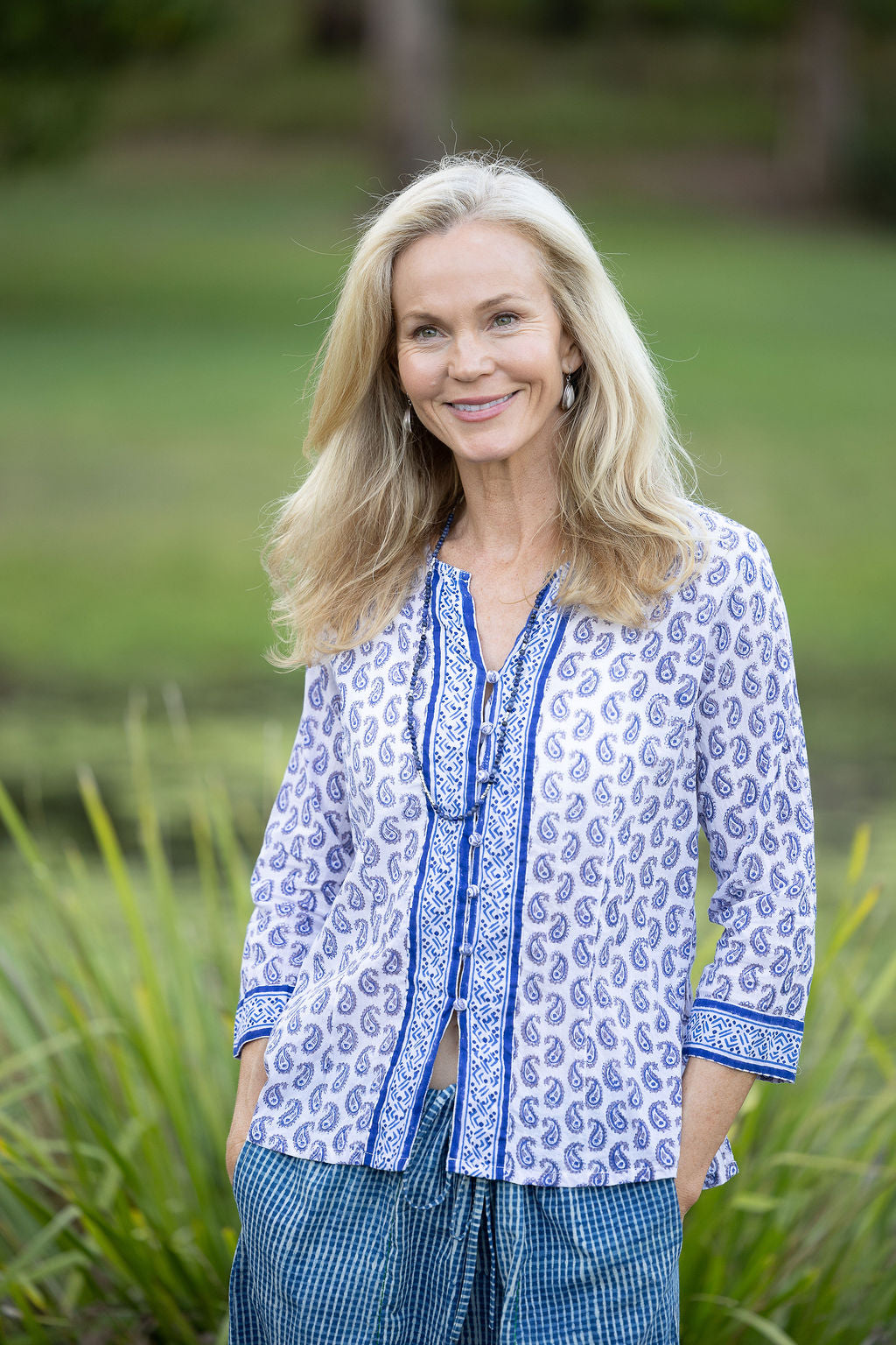 Womens, Mandalay blouse, 7/8 sleeve, 100% cotton, hand block print. In Summer Blue & White - Lemira.