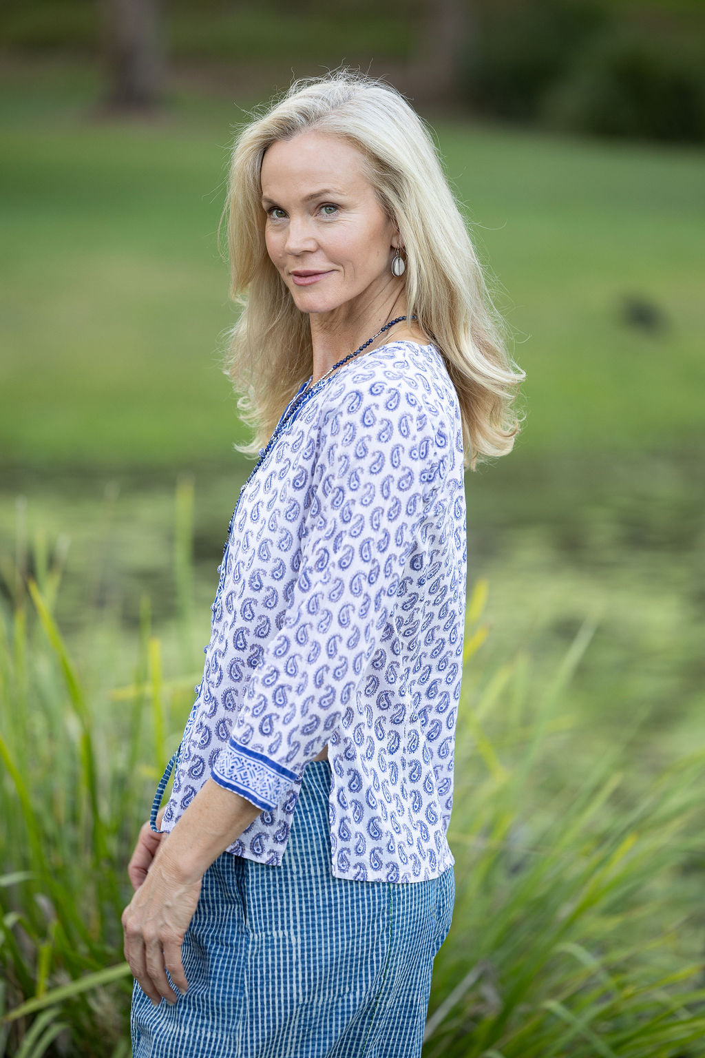 Womens, Mandalay blouse, 7/8 sleeve, 100% cotton, hand block print. In Summer Blue & White - Lemira.