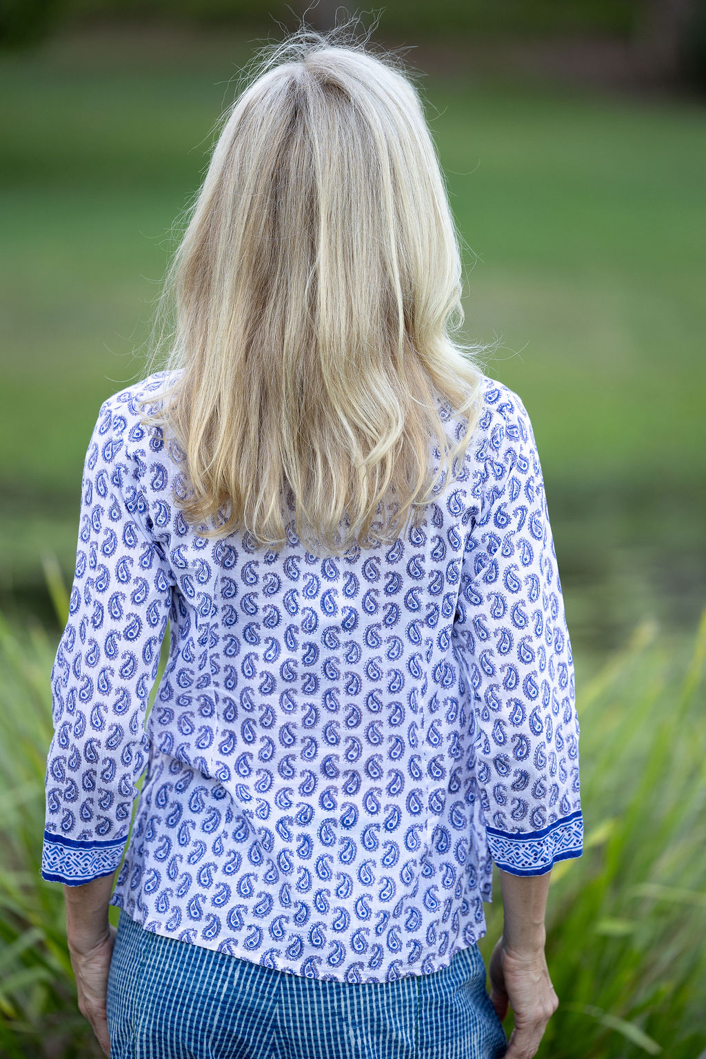 Womens, Mandalay blouse, 7/8 sleeve, 100% cotton, hand block print. In Summer Blue & White - Lemira.