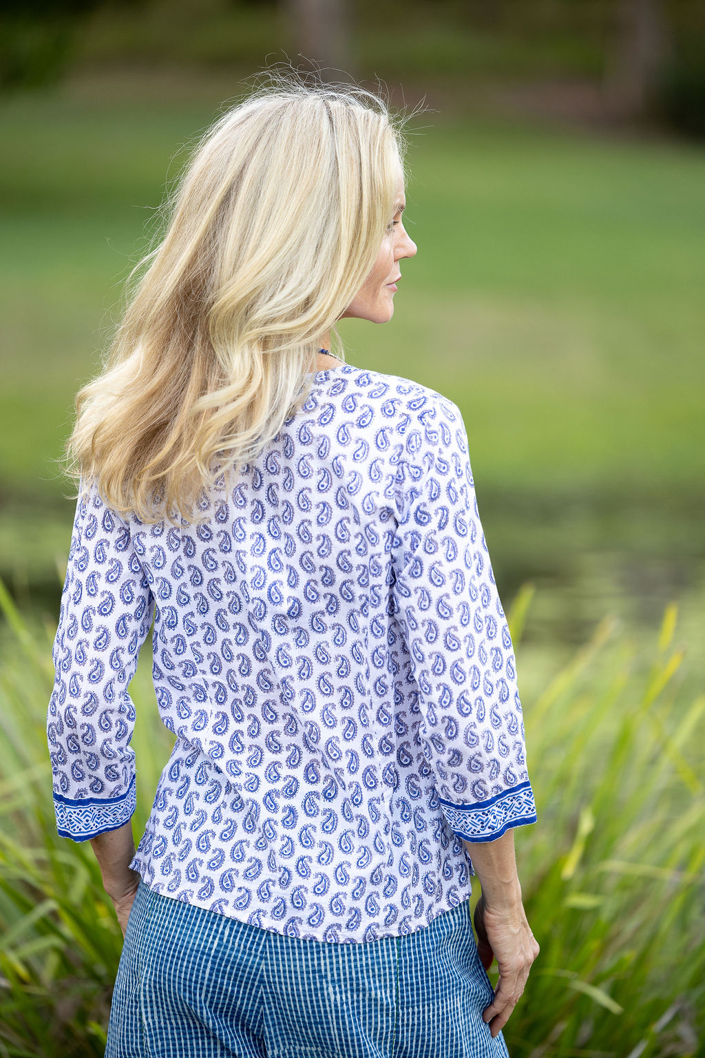 Womens, Mandalay blouse, 7/8 sleeve, 100% cotton, hand block print. In Summer Blue & White - Lemira.