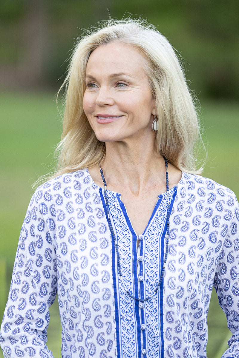 Womens, Mandalay blouse, 7/8 sleeve, 100% cotton, hand block print. In Summer Blue & White - Lemira.