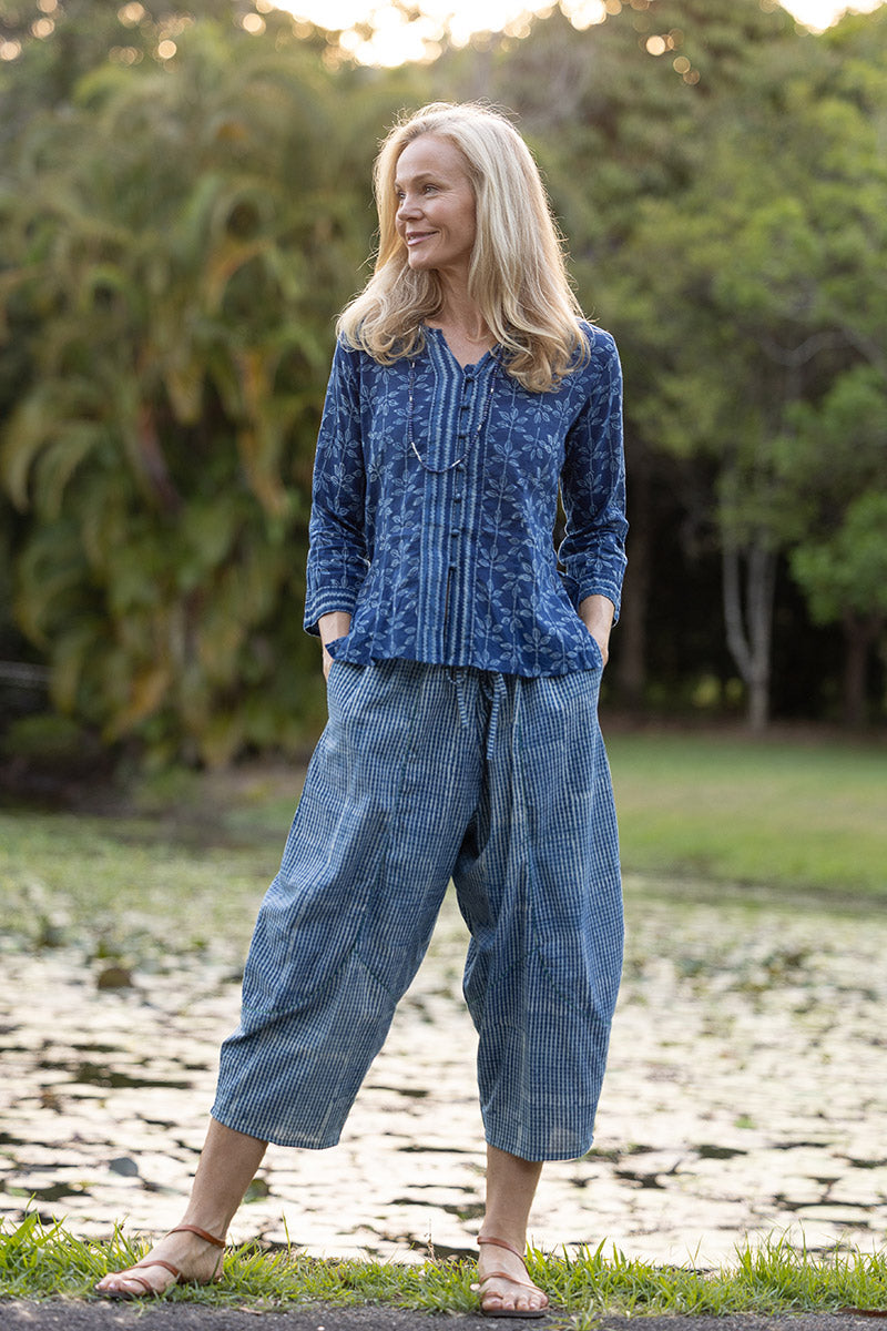 Womens Pants & Top, 100% Cotton, Hand Block Print, Summer. Sol Pants in Natural Blue - Indigo Check & Mandalay blouse in Indigo Rasa.