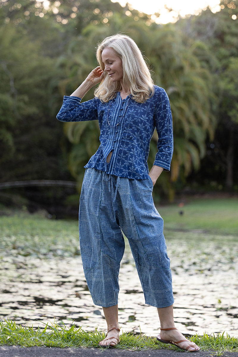 Womens Pants & Top, 100% Cotton, Hand Block Print, Summer. Sol Pants in Natural Blue - Indigo Check & Mandalay blouse in Indigo Rasa.