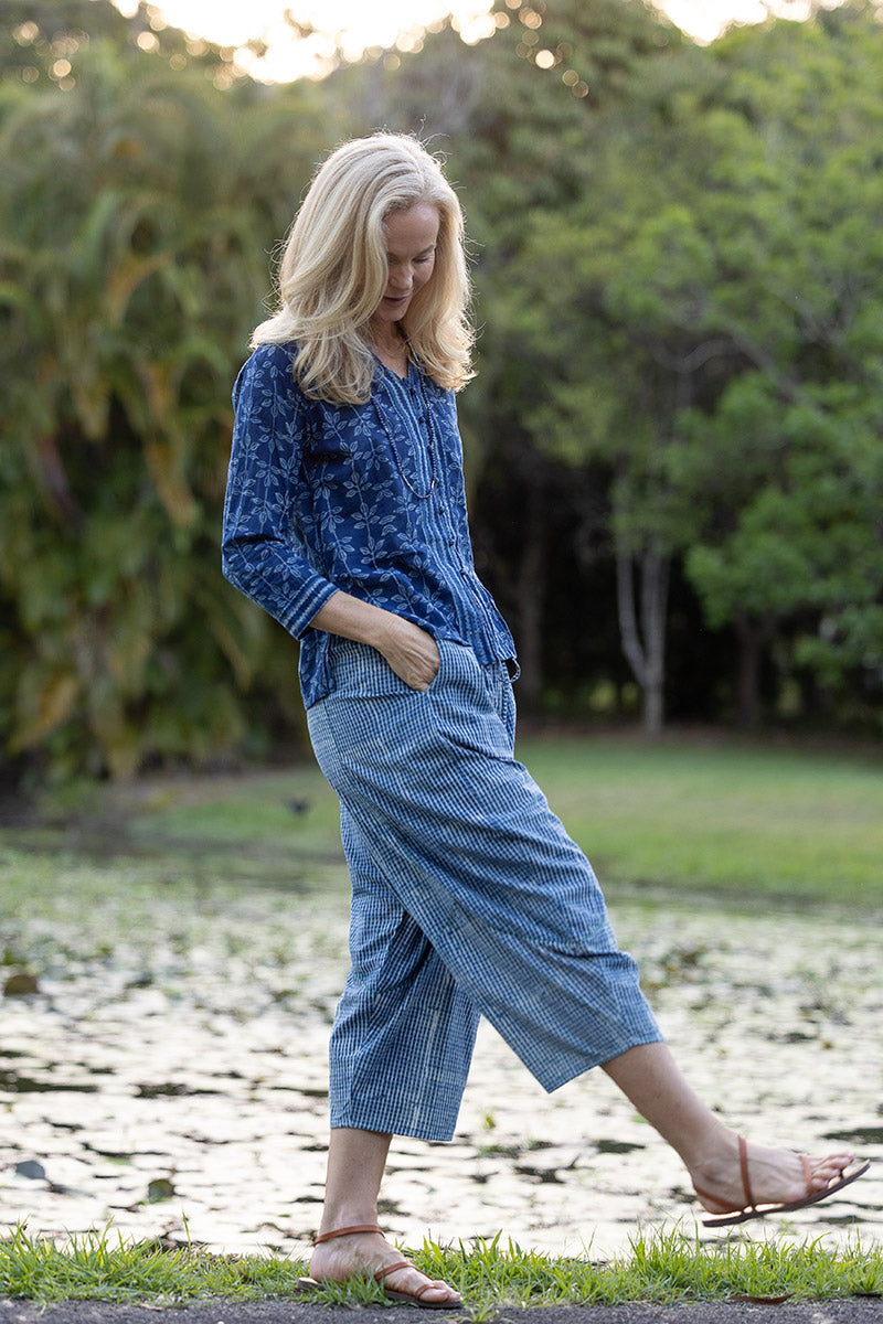 Womens Pants & Top, 100% Cotton, Hand Block Print, Summer. Sol Pants in Natural Blue - Indigo Check & Mandalay blouse in Indigo Rasa.