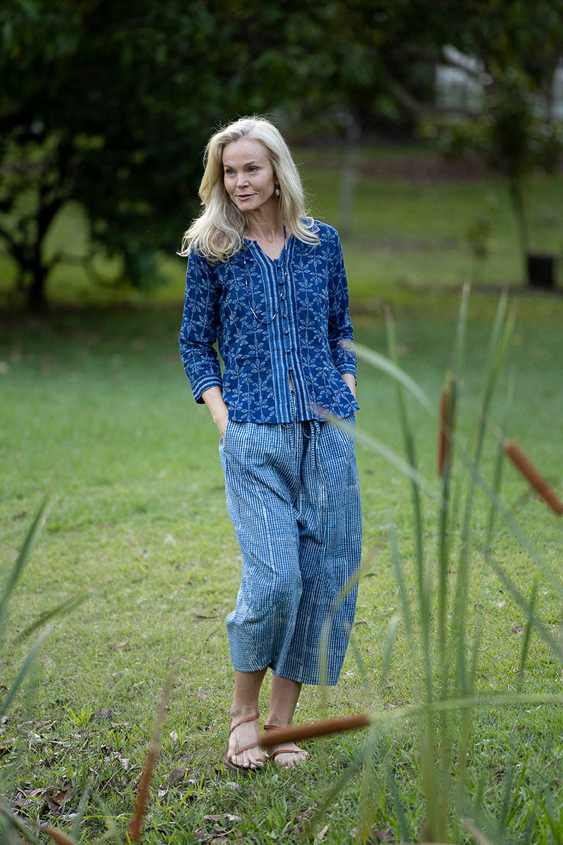 Womens Pants & Top, 100% Cotton, Hand Block Print, Summer. Sol Pants in Natural Blue - Indigo Check & Mandalay blouse in Indigo Rasa.