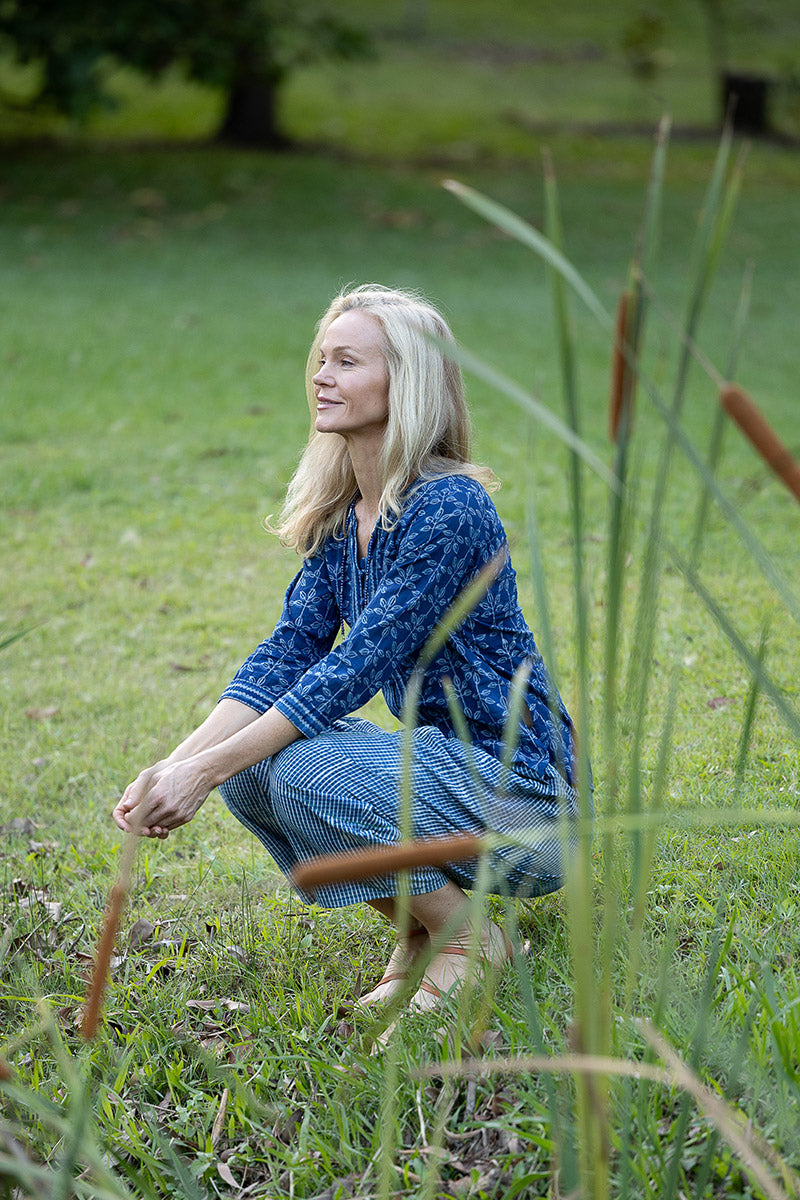 Womens Pants & Top, 100% Cotton, Hand Block Print, Summer. Sol Pants in Natural Blue - Indigo Check & Mandalay blouse in Indigo Rasa.