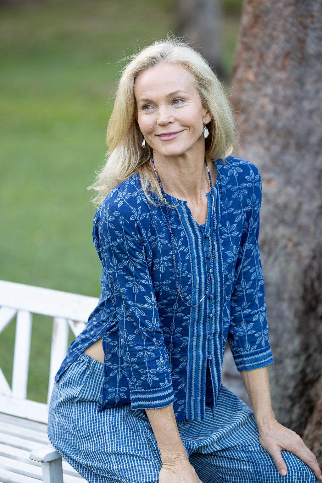 Womens, Mandalay blouse, 7/8 sleeve, 100% cotton, hand block print. In natural Indigo Rasa print.