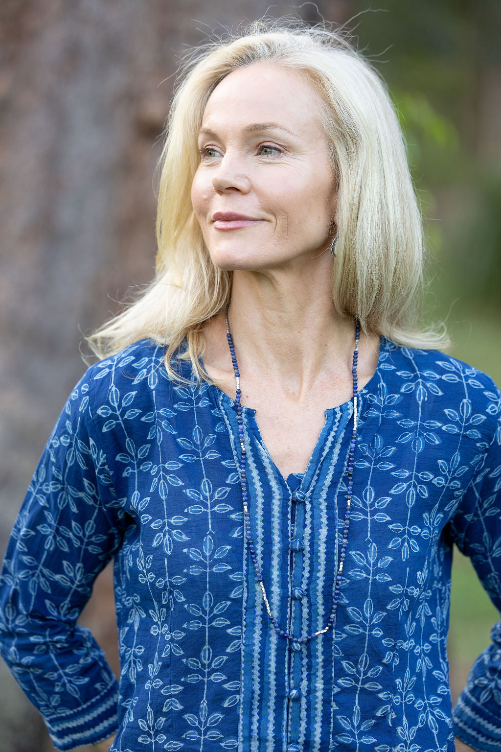 Womens, Mandalay blouse, 7/8 sleeve, 100% cotton, hand block print. In natural Indigo Rasa print.