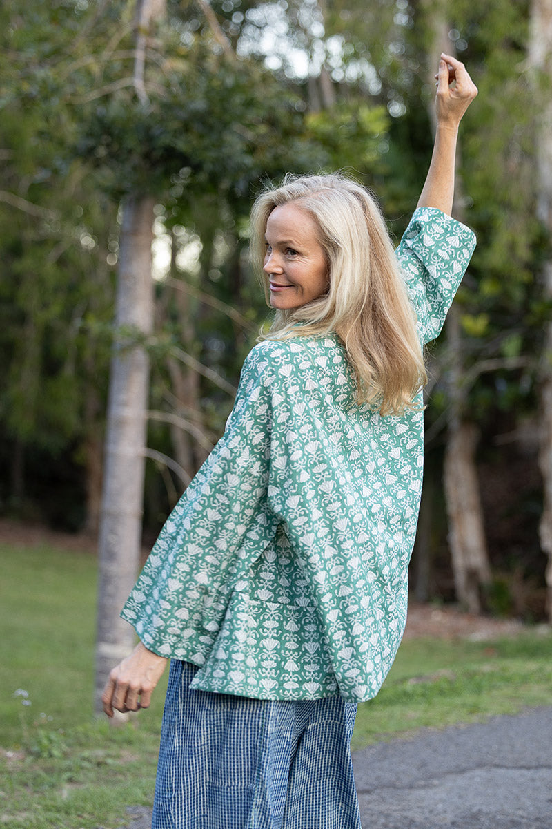 Womens, Lotus Jacket, full sleeve, 100% cotton, hand block print. In a Green Lotus print - Jade
