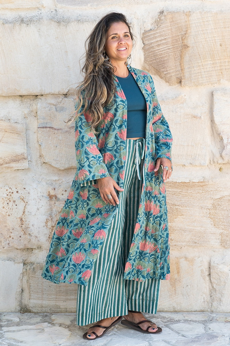 Womens, Tula Coat, full sleeve, 100% cotton, hand block print. In green hues and Pink Lotus Flowers - Padma