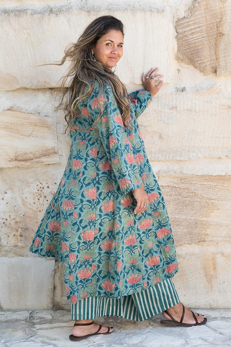 Womens, Tula Coat, full sleeve, 100% cotton, hand block print. In green hues and Pink Lotus Flowers - Padma
