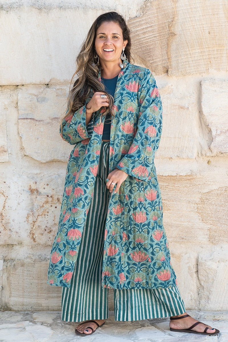 Womens, Tula Coat, full sleeve, 100% cotton, hand block print. In green hues and Pink Lotus Flowers - Padma