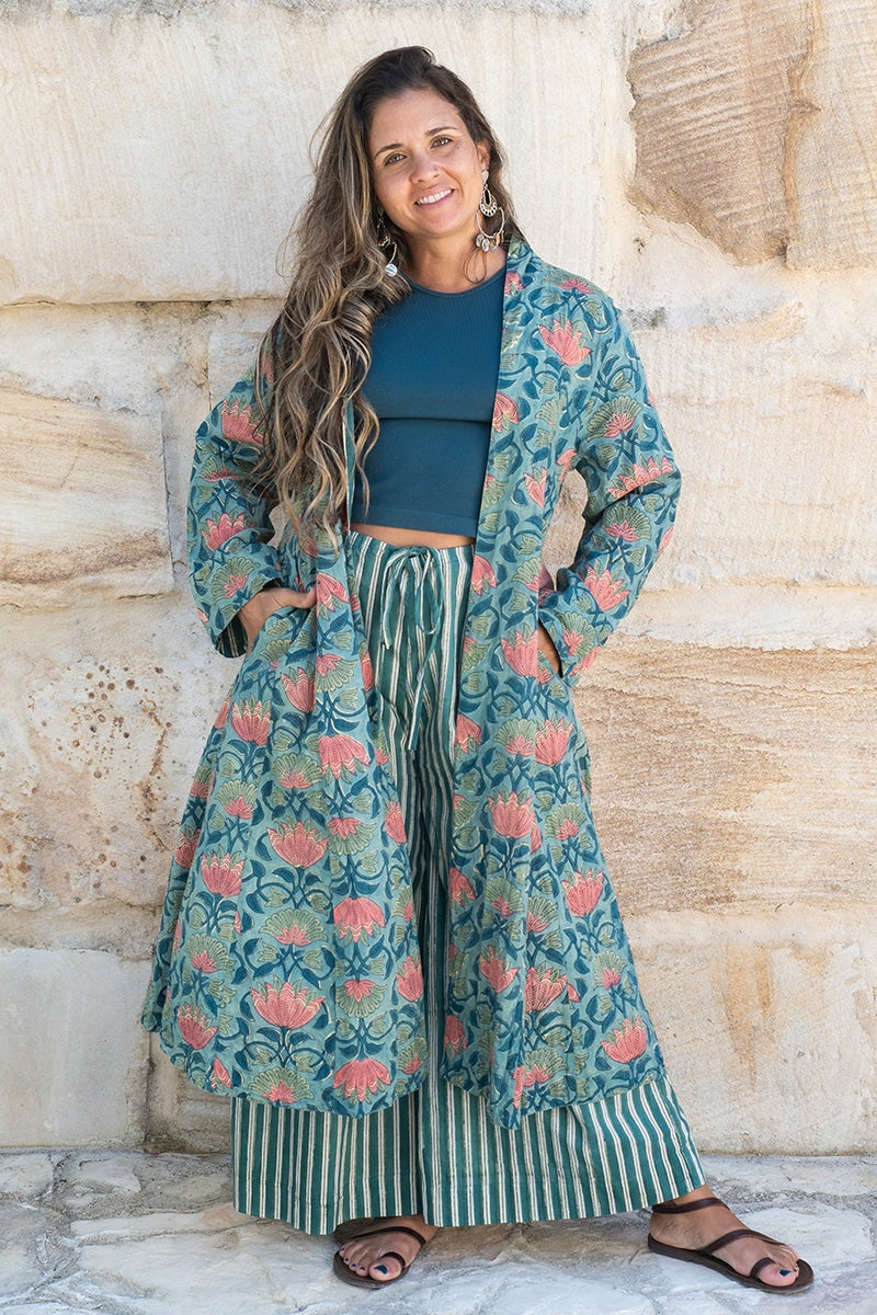 Womens, Tula Coat, full sleeve, 100% cotton, hand block print. In green hues and Pink Lotus Flowers - Padma