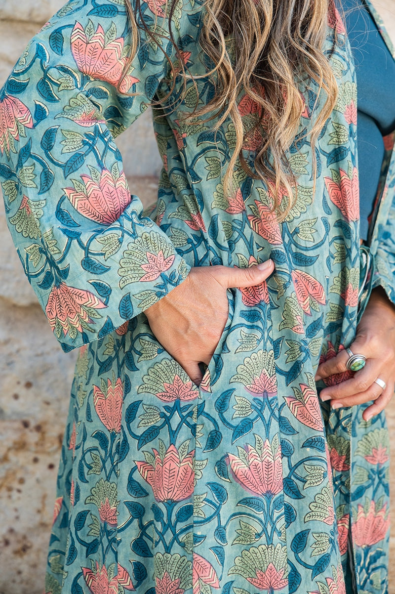 Womens, Tula Coat, full sleeve, 100% cotton, hand block print. In green hues and Pink Lotus Flowers - Padma
