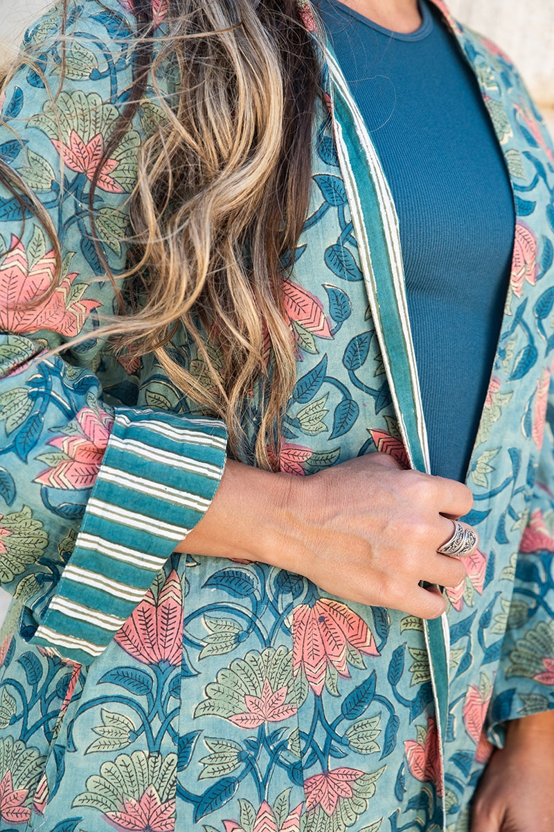 Womens, Tula Coat, full sleeve, 100% cotton, hand block print. In green hues and Pink Lotus Flowers - Padma