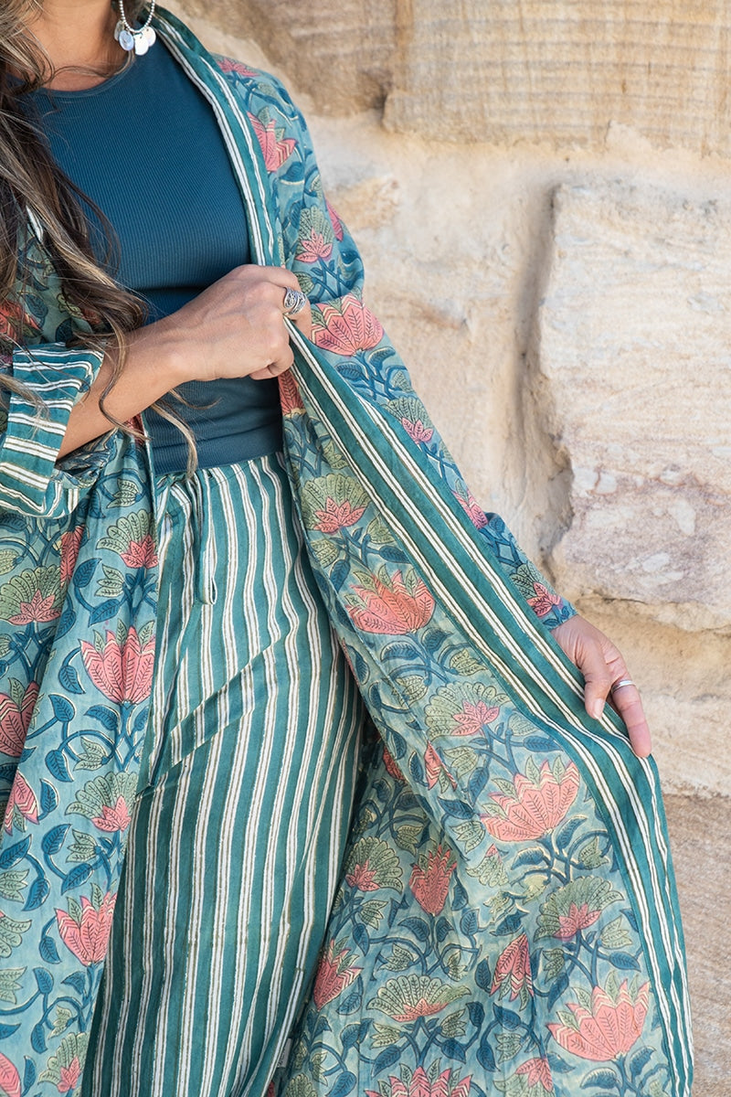 Womens, Tula Coat, full sleeve, 100% cotton, hand block print. In green hues and Pink Lotus Flowers - Padma