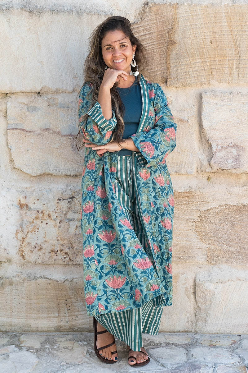 Womens, Tula Coat, full sleeve, 100% cotton, hand block print. In green hues and Pink Lotus Flowers - Padma
