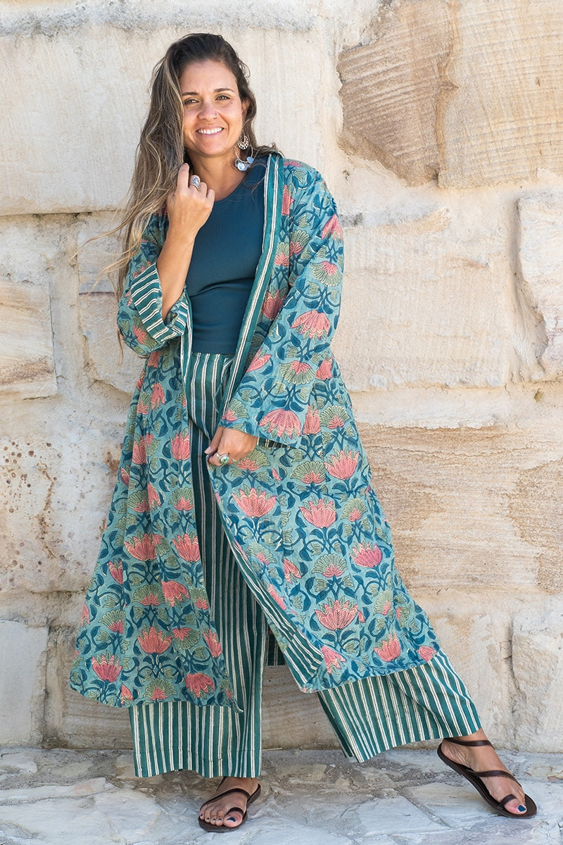 Womens, Tula Coat, full sleeve, 100% cotton, hand block print. In green hues and Pink Lotus Flowers - Padma