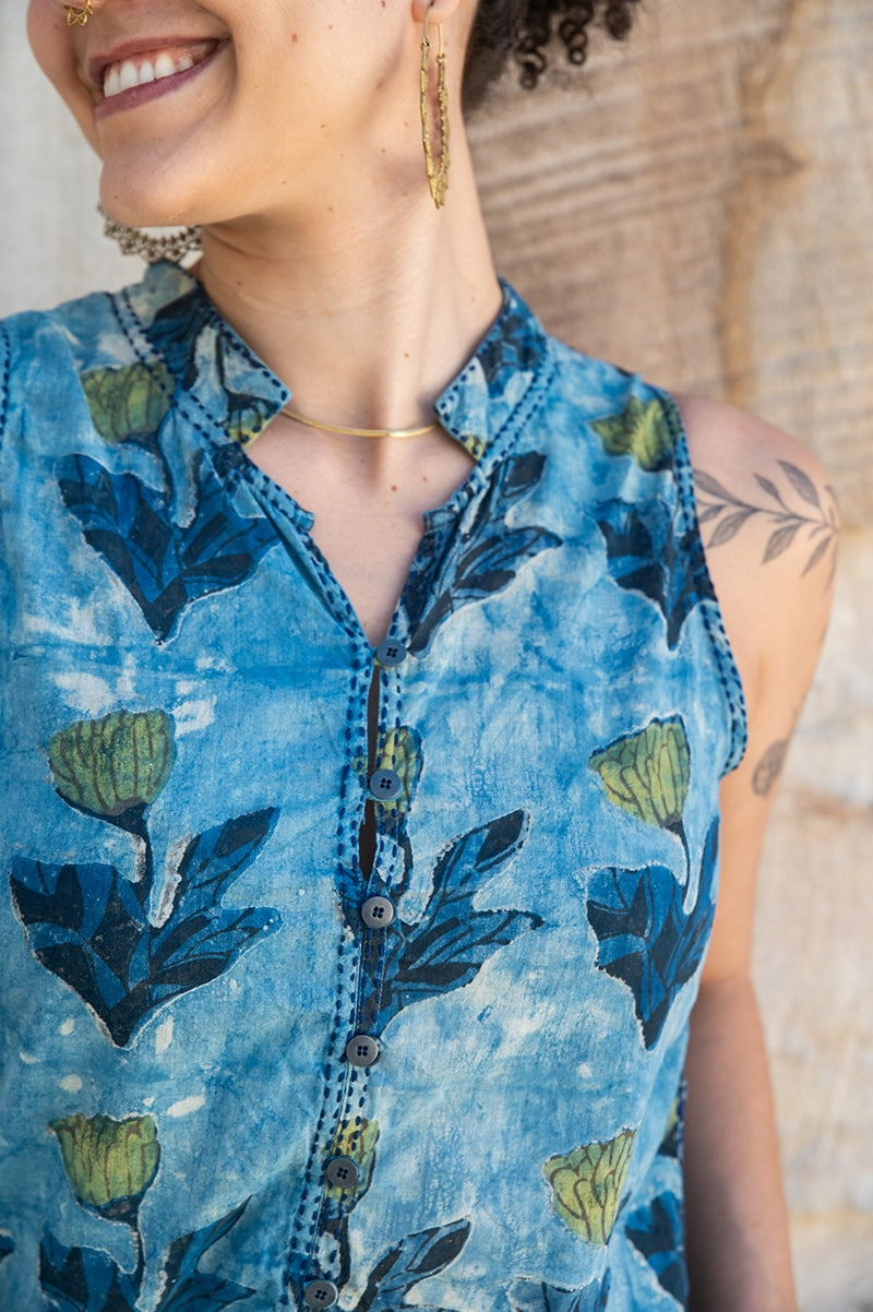 Womens, Tagai blouse, sleeveless, 100% cotton, hand block print, in natural Naspal Tulip