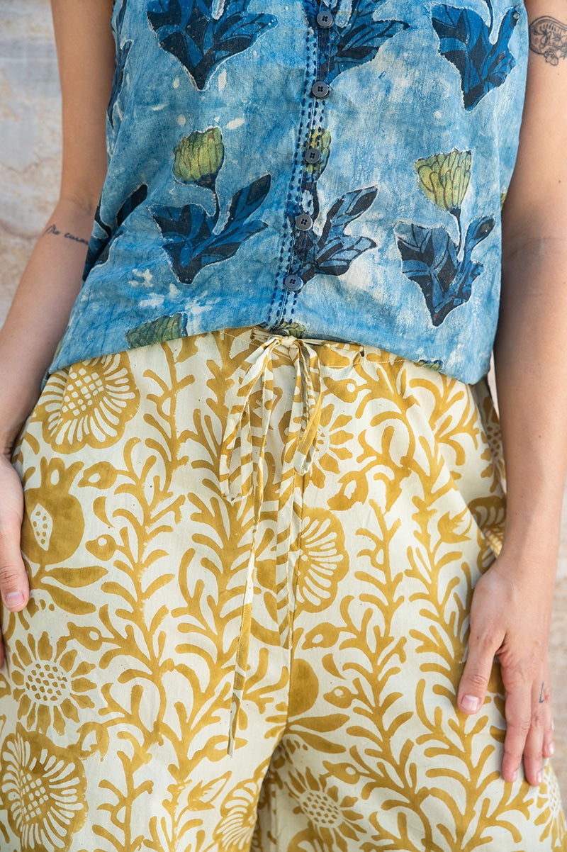 Womens, Tagai blouse, sleeveless, & Florentis Culottes, 100% cotton, hand block print, in natural Naspal Tulip & golden Soleia