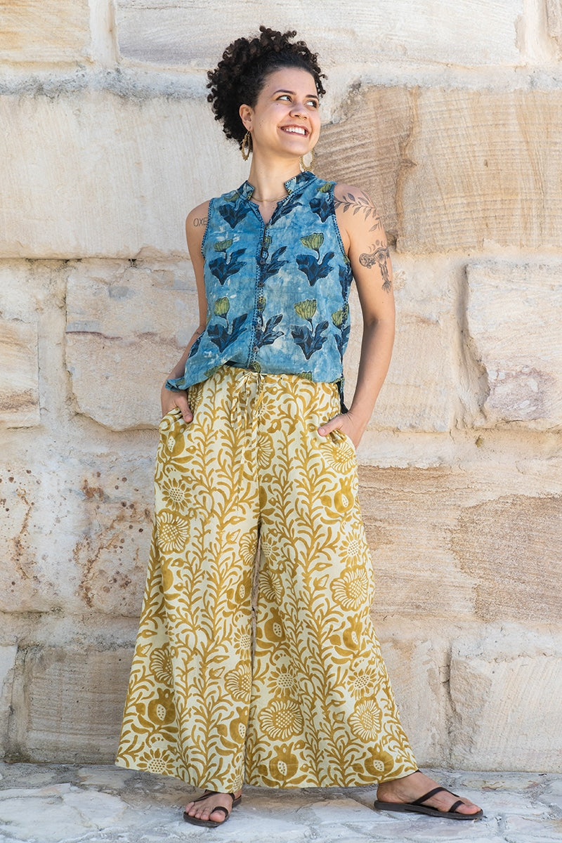 Womens, Tagai blouse, sleeveless, & Florentis Culottes, 100% cotton, hand block print, in natural Naspal Tulip & golden Soleia