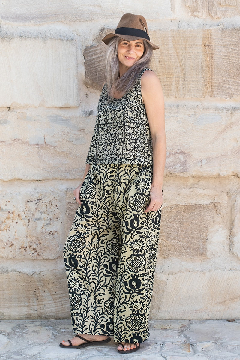 Womens, Florentis Culottes, 100% cotton, hand block prints, in black and white - Noctara