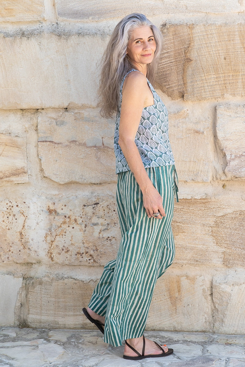 Womens, Lola Blouse & Florentis Culottes, 100% cotton, hand block print, in green tones - Eucalyptus & Verdara
