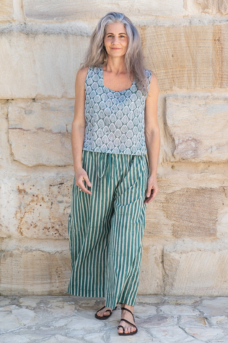 Womens, Lola Blouse & Florentis Culottes, 100% cotton, hand block print, in green tones - Eucalyptus & Verdara