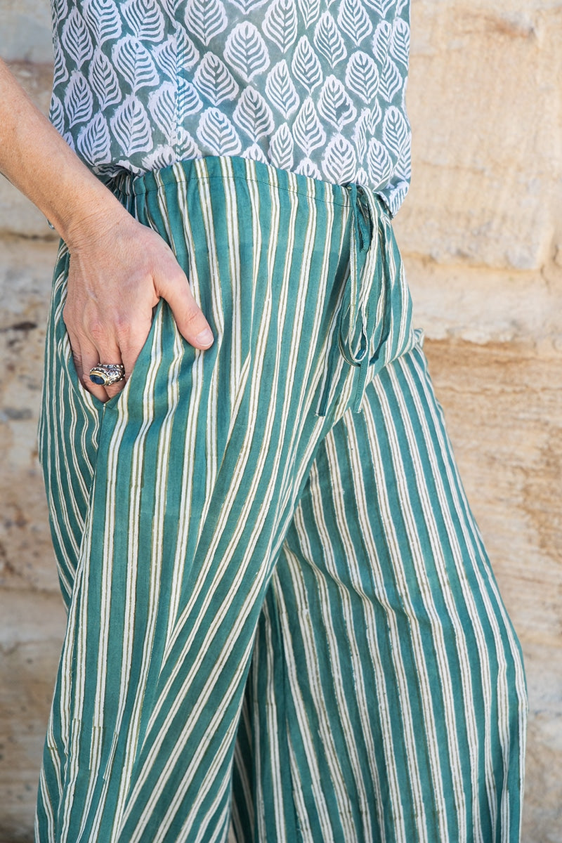 Womens, Florentis Culottes, 100% cotton, hand block prints, in green stripes - Verdara