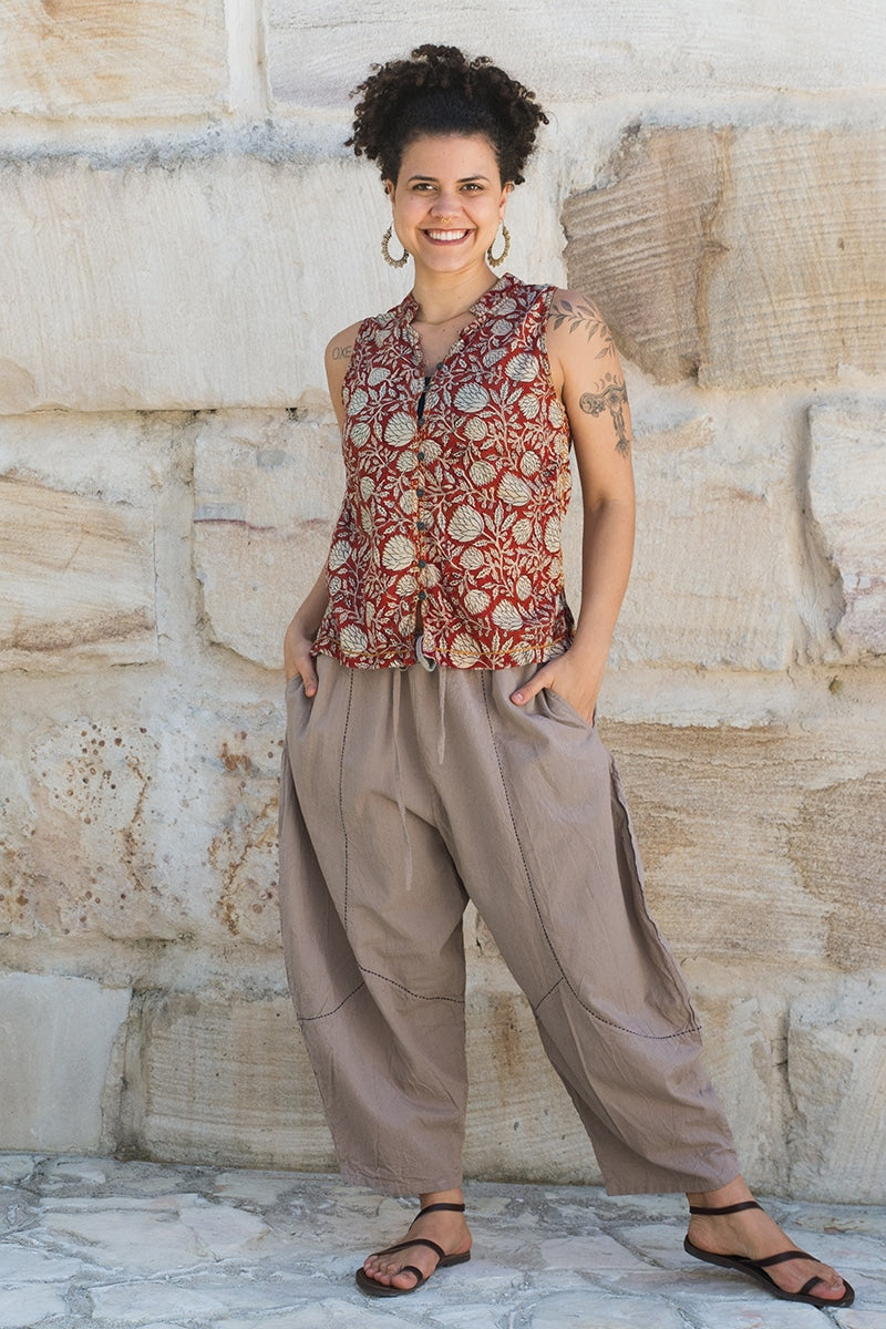 Womens, Tagai Blouse, sleeveless, & Sol Pant, 100% cotton, hand block print, hand stitched, in rustic red Jivana & Stone