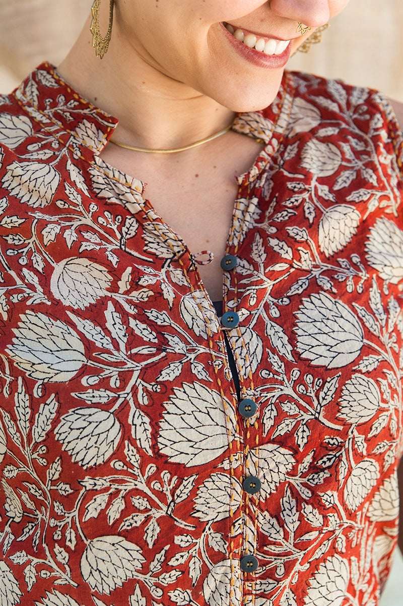 Womens, Tagai blouse, sleeveless, 100% cotton, hand block print, in natural rustic red - Jivana